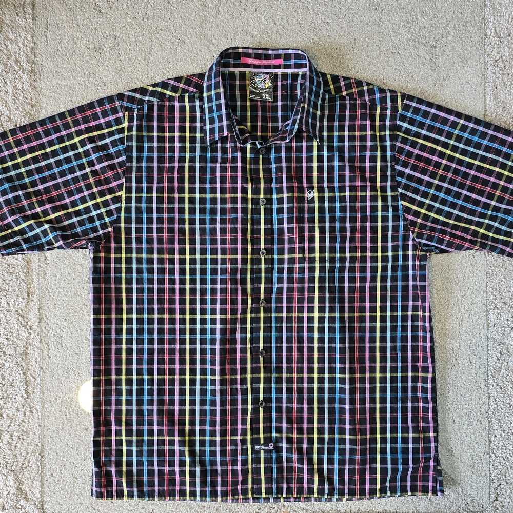 South Pole Shirt Men's XXL Black Plaid Hexagon Product Short Sleeved Button Up